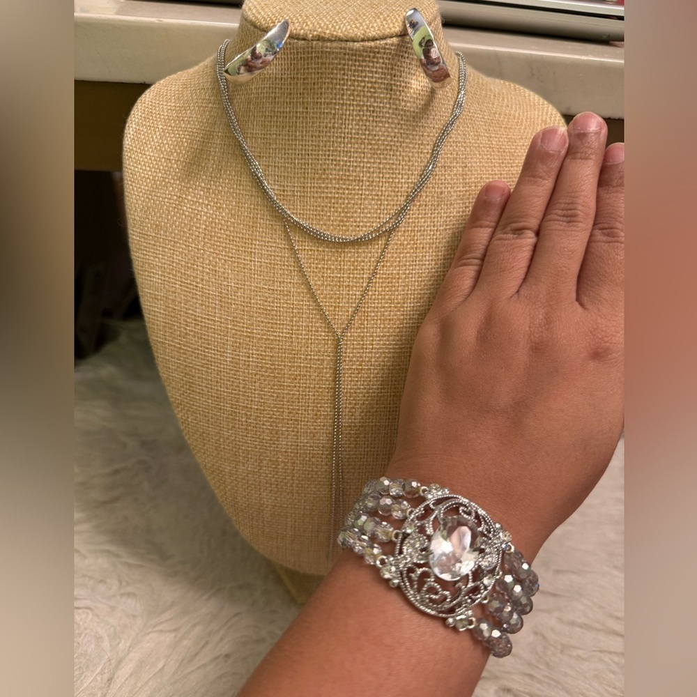 3 Piece Silver Crystal Lariat Necklace, hoop earrings & Bracelet Set